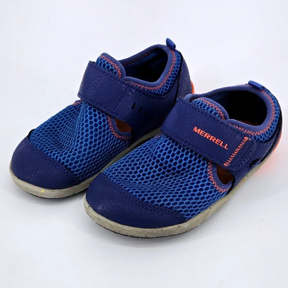 Merrell Kids Bare Steps H2O Water Shoes Blue Orange Wide Trail Sandals 10 WIDE